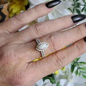 Opal & Moissanite Halo Set Rings. 14k & 925 Sterling Silver.